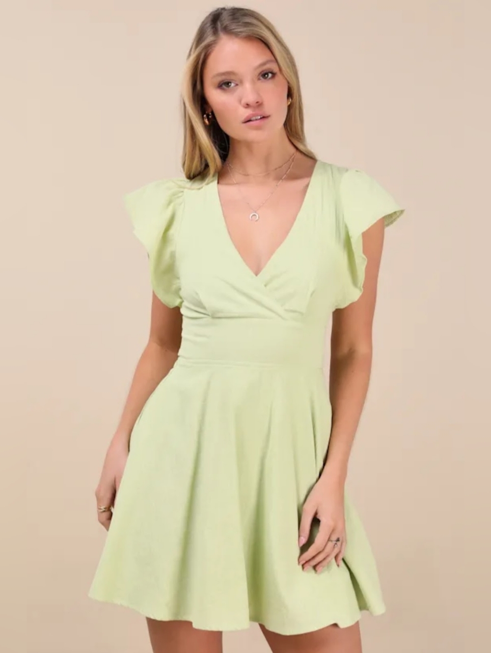 Lulu's Sweeten Me Up Flutter Sleeve Smocked Mini Dress in Lime Green Size M